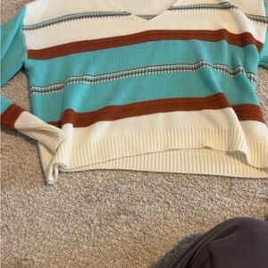 Buckle V-Neck Sweater - Aqua, Rust, and Ivory